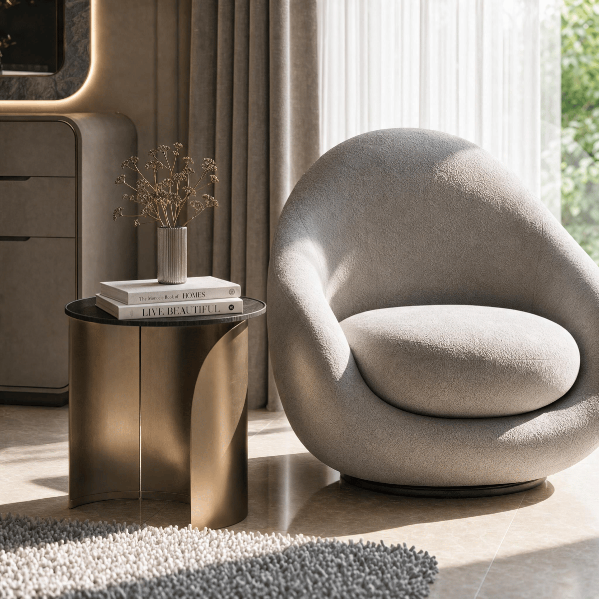 Poltroncina da camera · R9508 / Tavolino laterale · R9509 — Interno della collezione